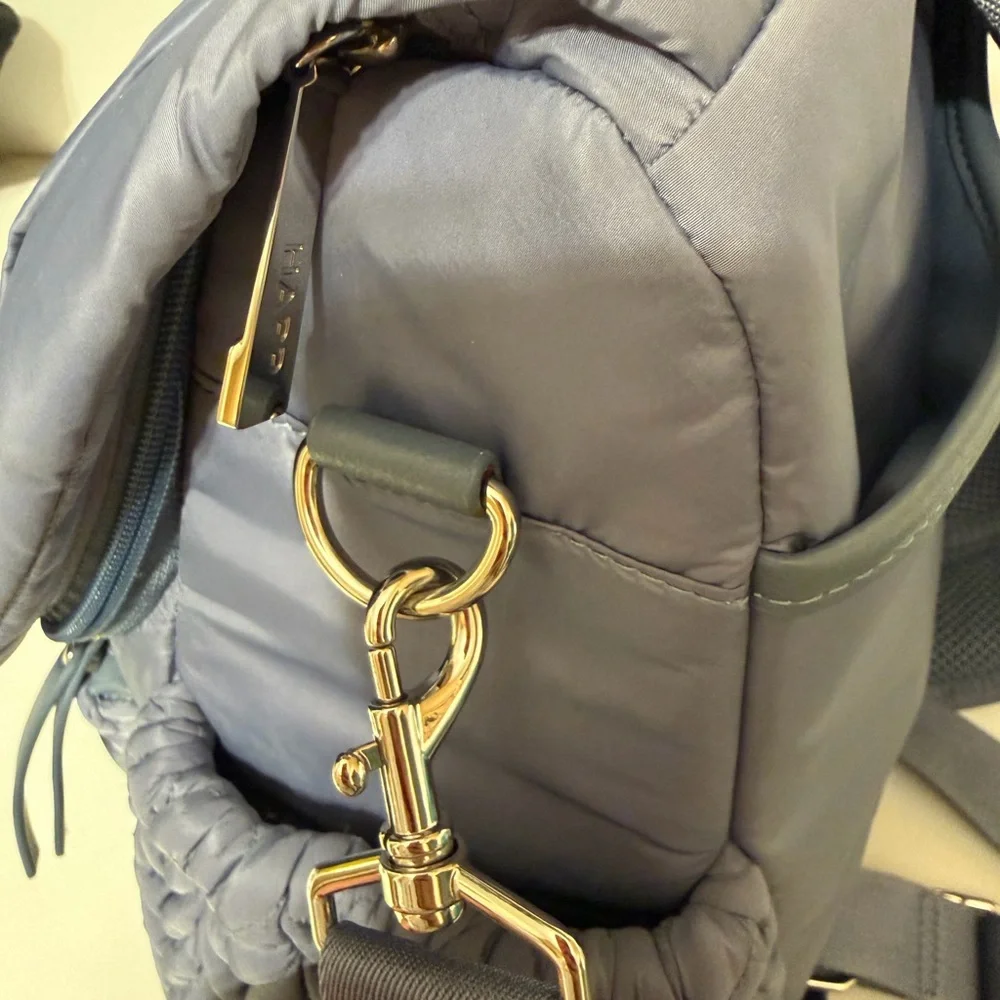 Happ brand diaper bag in a beautiful blue
